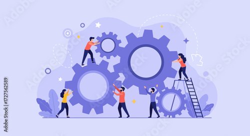 A diverse team of people collaborates to assemble large gears, symbolizing teamwork and the intricate process of business development and project management