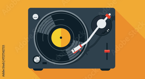 A flat design illustration of a vintage turntable with a vinyl record and needle, set against a vibrant orange background with a long shadow