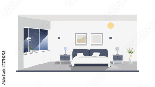 Modern bedroom interior design with bed nightstands lamps pictures and window vector illustration