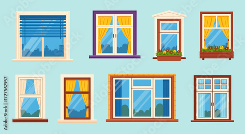A diverse collection of architectural windows, showcasing various styles from modern to traditional, some featuring blinds or curtains and decorative flower boxes, set against a subtle blue background