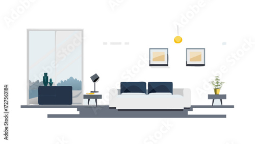 Modern living room interior design with sofa, window, and decor elements illustration vector