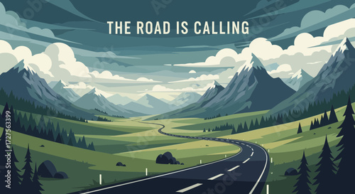 A winding road leads through a lush green valley towards majestic snowcapped mountains under a dramatic cloudy sky
