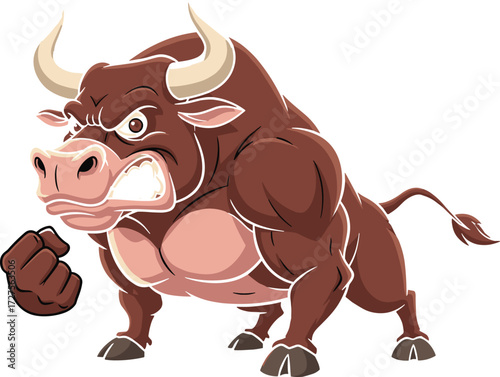 Cartoon bull, muscular body, clenched fist, aggressive stance, strong animal, fighting pose, intense face, vector art, children illustration, power theme