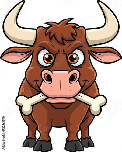 Cartoon bull with bone in mouth, fierce animal character, humorous expression, vector illustration for kids, isolated background, strong pose
