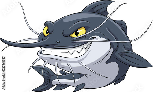 Cartoon catfish, sharp teeth, yellow eyes, aggressive fish, whiskers, dark gray body, aquatic animal, vector art, mischievous character, children illustration