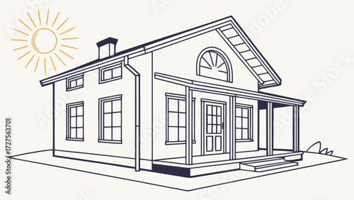 Illustration of a simple house with porch and sun shining, architectural drawing of home design