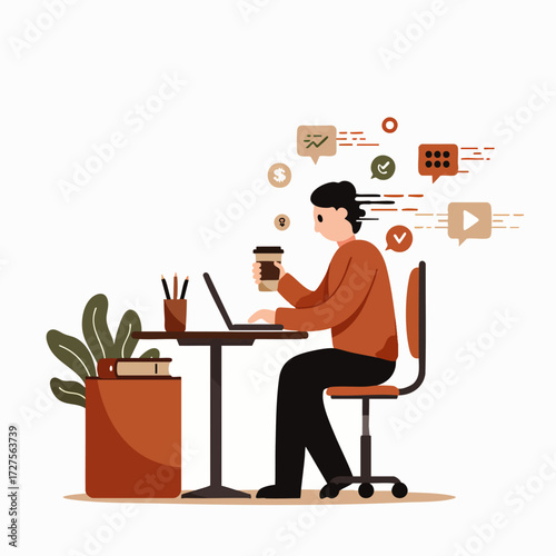 A diligent young man is actively engaged in remote work on his laptop, multitasking with various digital communication and business tasks while enjoying a coffee.