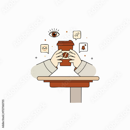 A stylish minimalist illustration showcases hands gently cradling a warm coffee cup, surrounded by abstract communication symbols, symbolizing modern daily connectivity.