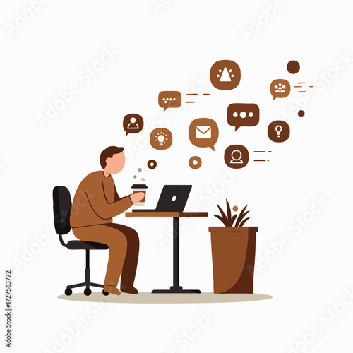 A person works on a laptop, sipping coffee, surrounded by digital communication and social media icons, illustrating modern online connectivity and remote work.