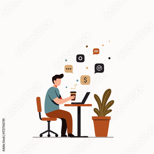A person engaged in remote work, enjoying coffee while managing online tasks and digital communication from a comfortable home office setup.