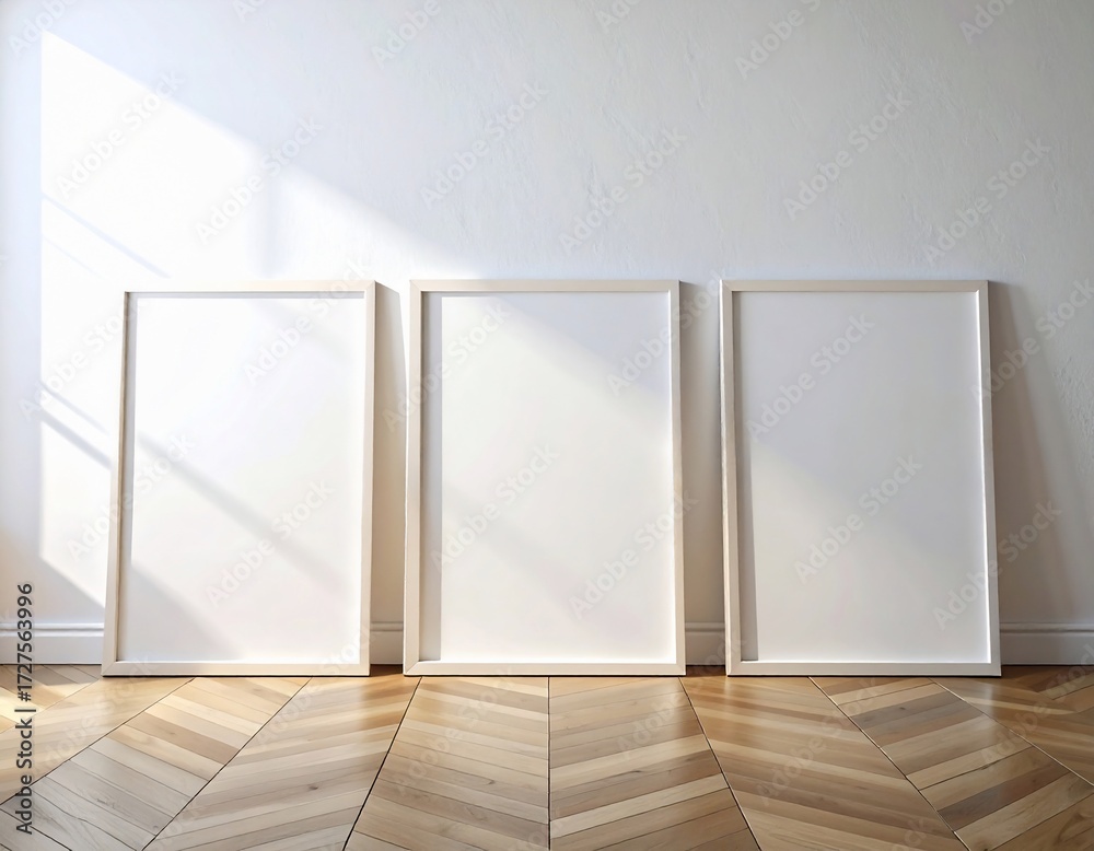 Fototapeta premium Sunlit Gallery Mockup: Three Blank Vertical Frames on a Chevron Parquet Floor