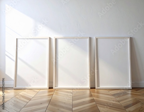 Sunlit Gallery Mockup: Three Blank Vertical Frames on a Chevron Parquet Floor