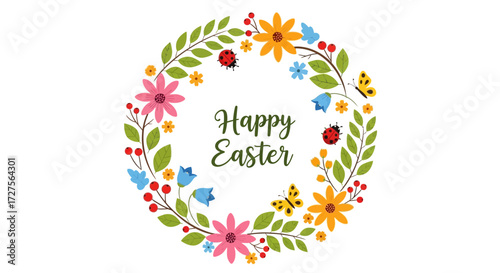 A charming circular floral wreath adorned with colorful flowers, delicate butterflies, and ladybugs, encircling the festive greeting happy easter on a clean white background