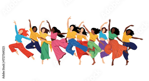 A vibrant illustration captures a diverse group of women joyfully dancing and expressing themselves with energetic movements and colorful attire