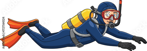 Cartoon scuba diver underwater, swimming with oxygen tank, snorkel and fins, vector illustration, kids character, isolated background, adventure theme