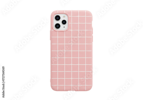 Pink phone case with grid pattern isolated PNG, modern smartphone cover for protection and style, mobile accessory for digital device