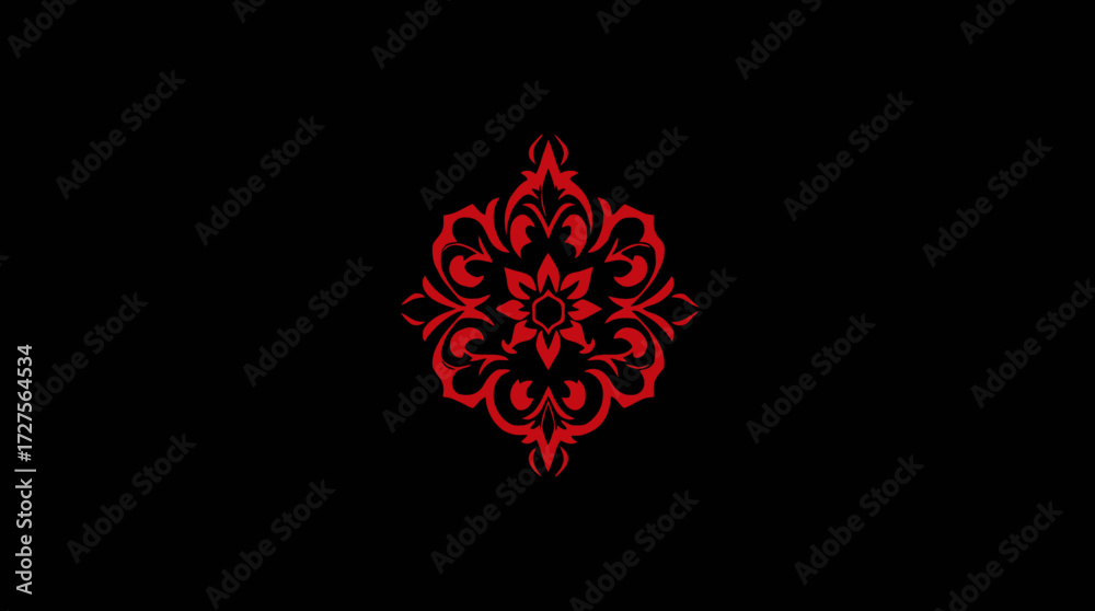 Fototapeta premium Red ornate floral design centered on a black background, resembling a stylized emblem or decorative element.