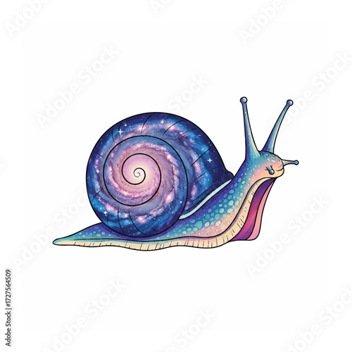 Whimsical Galaxy Snail Vector Illustration with Spiral Shell on White