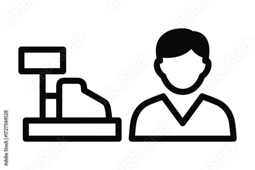 Illustration of a cashier standing behind a cash register, this minimalist design captures the essence of retail and customer service