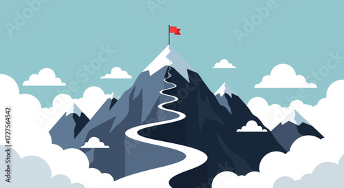A winding path leads to the snowy summit of a majestic mountain, crowned with a red flag, under a clear blue sky dotted with fluffy clouds