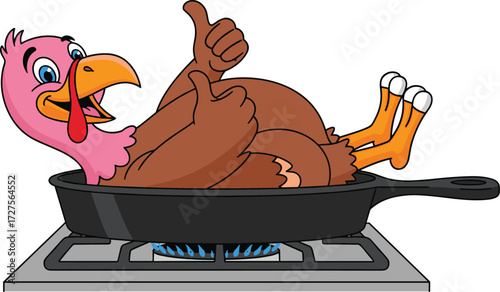 Cartoon turkey in frying pan, smiling character with thumbs up, funny cooking scene, vector illustration, isolated background, Thanksgiving humor
