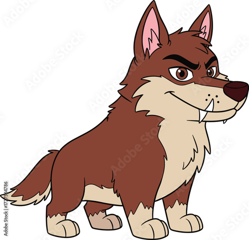Cartoon wolf, brown fur, confident face, mischievous smile, pointed ears, bushy tail, standing pose, animal character, vector art, children illustration
