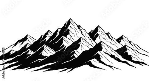 Black and white illustration of a mountain range with jagged peaks and textured slopes against a white background.
