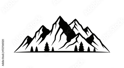 A stylized black and white illustration of majestic mountain peaks and trees.