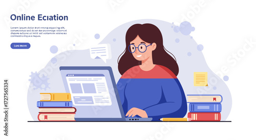A young woman with glasses studies online using her laptop, surrounded by stacks of books in a modern flat illustration style.