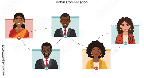 Illustration depicting global communication with diverse individuals connected through video conferencing.
