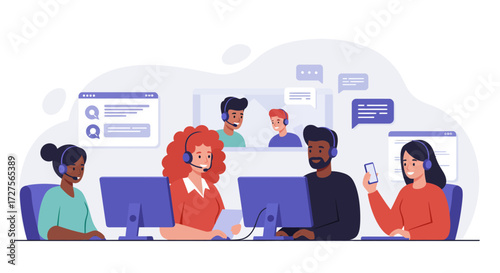 Diverse team of customer service representatives working together in a call center environment.