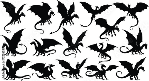 Collection of Fantasy Dragon Silhouettes for Mythological Creature Art, Game Design, and Medieval Themed Graphic Design Assets