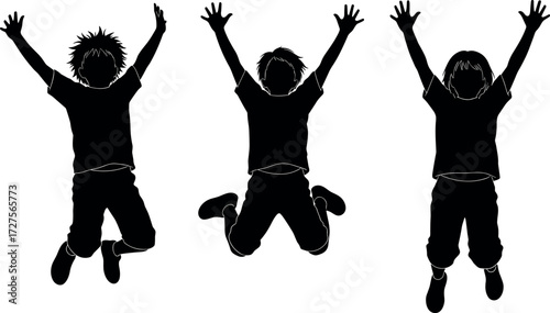 Silhouetted children jumping in air with raised arms, joyful kids celebrating, playful energy, happy childhood moment, outdoor fun illustration