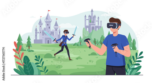 Two people playing a virtual reality sword fighting game in front of a castle.