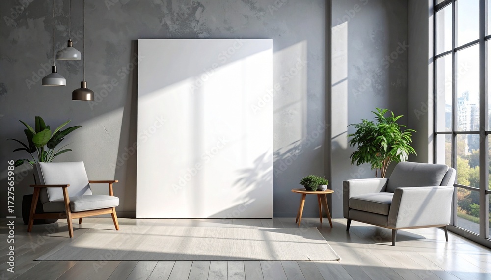 Fototapeta premium Minimalist interior with serene mountain landscape wall art, wooden chair, leafy plant, tripod lamp, and geometric vase