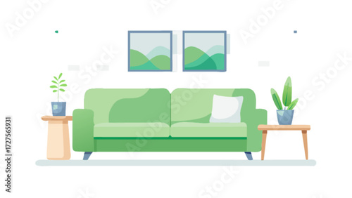 Green sofa living room interior design with plants and pictures for home decor ideas and inspiration