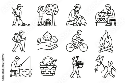 Picnic flying hiking vector icon activity mushroom collecting autumn pumpkin icons campfire