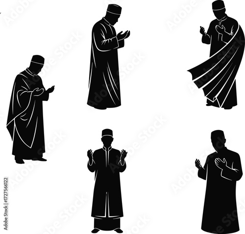 PrintSilhouette, Muslim, prayer, worship, Islam, faith, spirituality, culture, religion, traditional, robe, headscarf, devotion, belief, people, community, pose, ritual, illustration, background