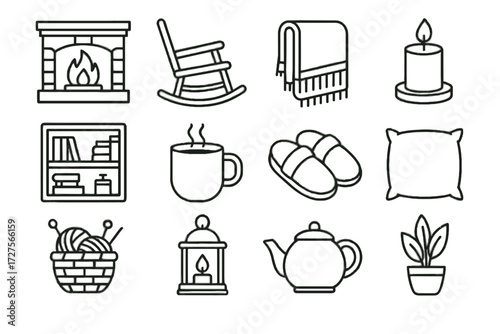 Blanket vector pillow yarn cozy kettle fireplace icons icon basket tea autumn
