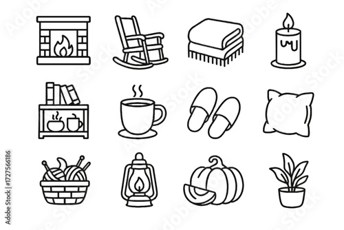 Bookshelf icon pillow chair drink yarn pumpkin lantern hot vector autumn rocking