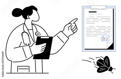 Doctor with clipboard pointing at a signed document with pest control details and a bug icon nearby. Ideal for healthcare, agreements, pest management, responsibilities, audits, documentation, simple