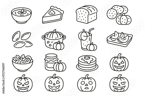 Vector icon stuffed jam pumpkin pancakes seeds pie icons roasted smoothie collection
