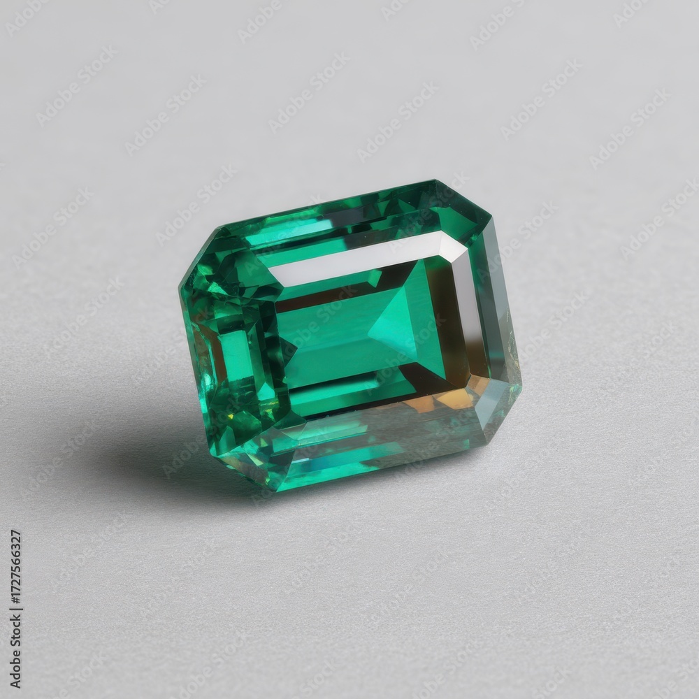 Fototapeta premium Emerald cut green gemstone resting on gray surface studio shot close up jewelry precious stone