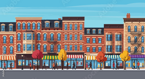 A vibrant city street scene unfolds with a row of charming brick buildings featuring shops with colorful awnings and displays, while people stroll along the sidewalk beneath trees in autumn colors