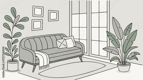 Modern living room interior design with sofa plants rug and window for home decor ideas