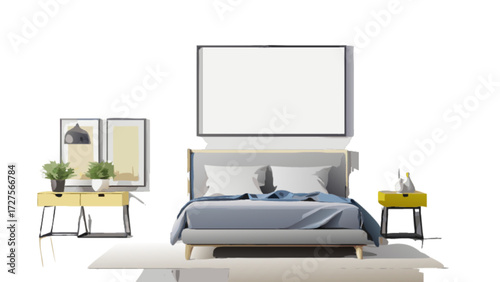 Modern bedroom interior design with bed frame, bedside table, art prints, and blank wall art mockup