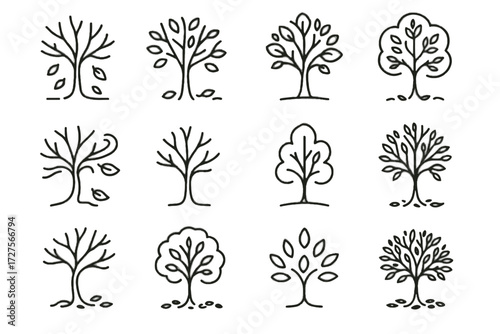Curved seasonal autumn icon vector windy tree fallen leaves under