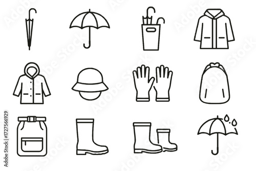 Open raincoat icons folded umbrella hooded vector rainy day backpack icon rubber