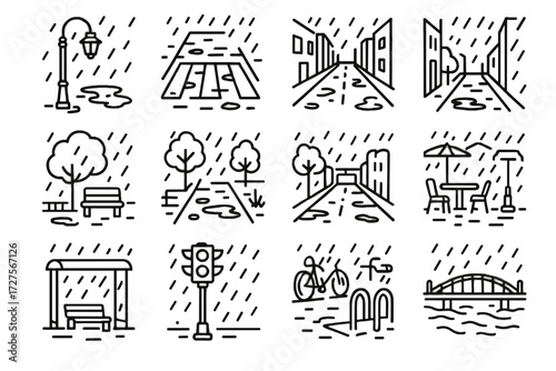 Day bench vector light rain wet stop puddles rack icon street rainy