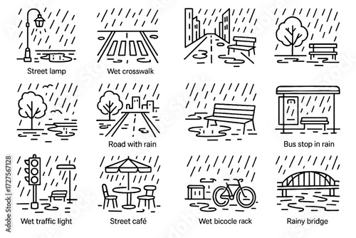 Icon park traffic bus bench alley crosswalk day rain vector rack rainy